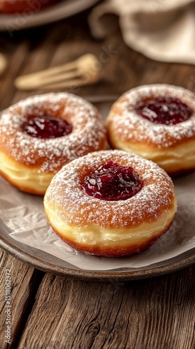 Deliciously crafted doughnuts with a sweet jam center, dusted with powdered sugar, displayed on a rustic plate, perfect for celebrations and bakery promotions. photo