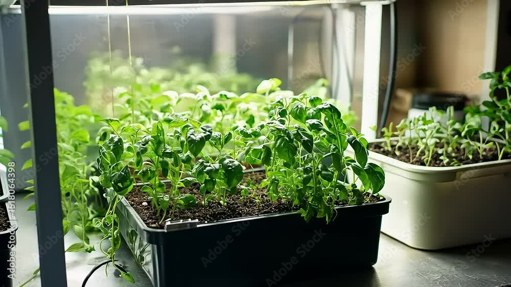Lush green herbs thriving under grow lights in a cozy indoor garden setup with pots on a table