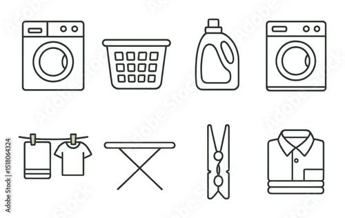 Laundry icon set. washing, basket, detergent, dryer, clothes, ironing, clothespin, shirt vector icons.