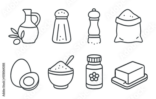 Kitchen ingredient set: linear icons of oil, salt, pepper, flour, egg, sugar, spice, butter vector icons
