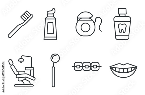 Dental care icon set. linear dentistry tools: brush, floss, chair, brace, smile vector icons.