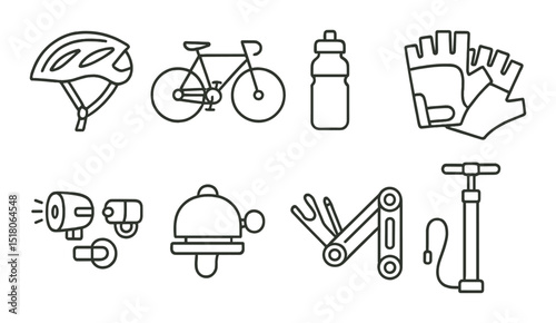 Cycling gear set. bicycle essentials with helmet, pump, gloves, tools vector icons.