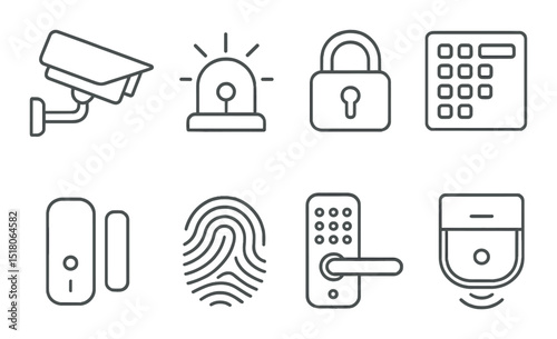 Security icon set. surveillance, alarm, lock, keypad, fingerprint, doorbell vector icons.