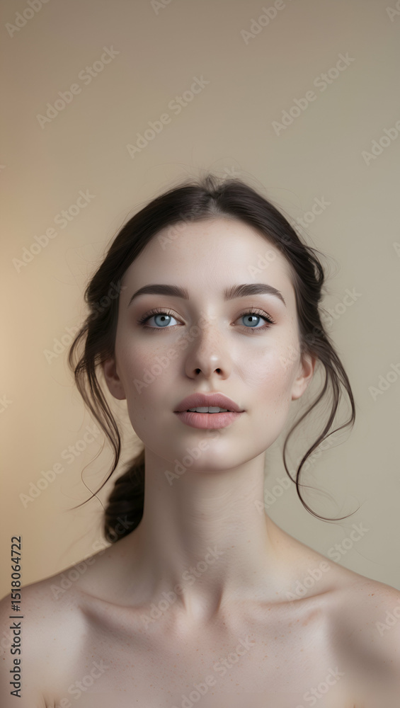 Fototapeta premium Portrait of a Freckled Woman with Blue Eyes and Brown Hair Against a Neutral Background