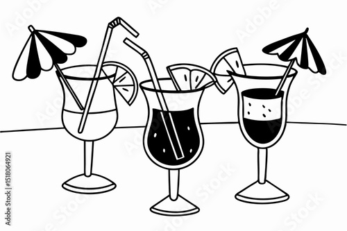 Three illustrated summer cocktails with umbrellas and straws  
