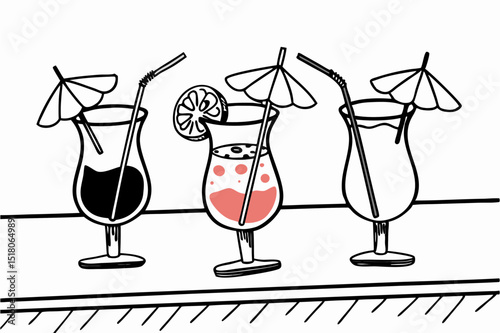 Three illustrated summer cocktails with umbrellas and straws  