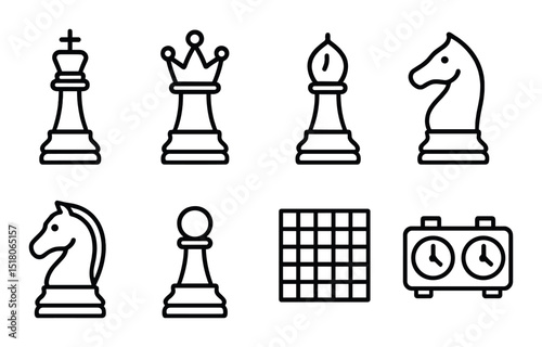 Chess piece set. classic strategy game symbols. king, queen, knight, bishop, pawn, board, clock vector icons.