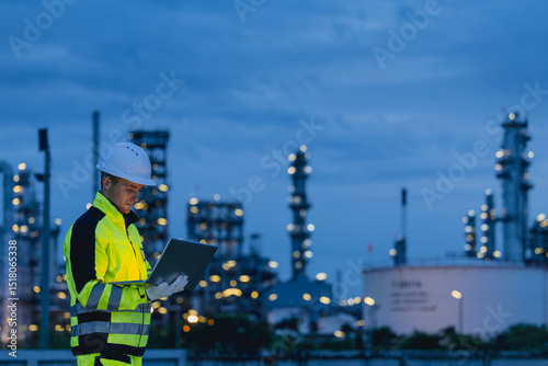 Professional Night shift engineer oil and gas refinery service, male worker hard work in petroleum industry plant dark background.