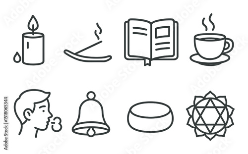 Mindfulness icon set. meditation, incense, book, tea, breath, bell, bowl vector icons.