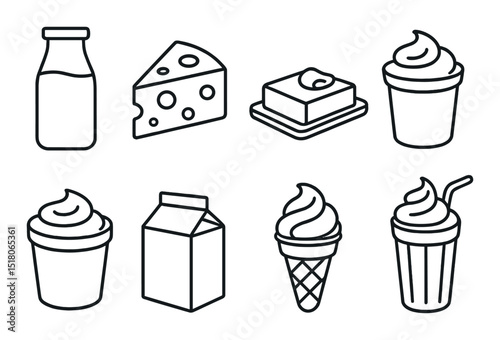 Dairy product icon set: milk, cheese, butter, yogurt, ice cream, smoothie vector icons