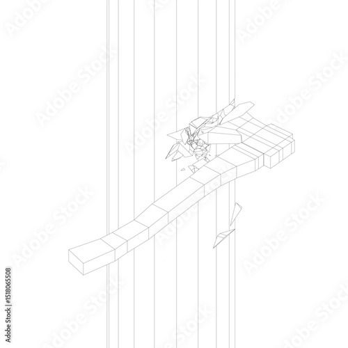 Dynamic scene where an axe is shown mid-swing, striking tree. Design use clean lines and geometric shapes to emphasize motion and impact, capturing essence of manual woodcutting in minimalist style