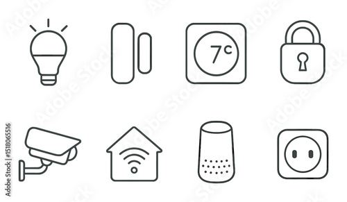 Smart home devices set. linear style gadgets: bulb, camera, lock, thermostat vector icons.