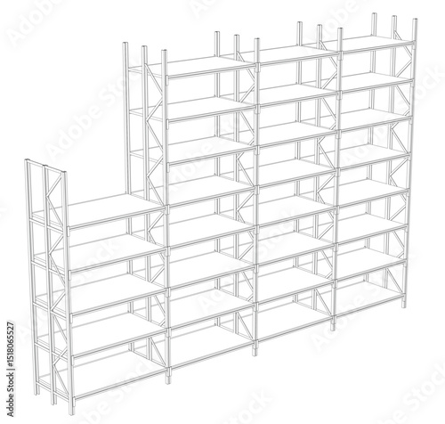 A tall, narrow shelf with many shelves stacked on top of each other. The shelf on the left side is empty, while the one on the right side has a shelf on top of it