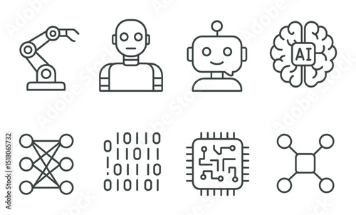 Ai and robotics set. linear tech icons. robot, ai, chip, neural, binary, network vector icons.