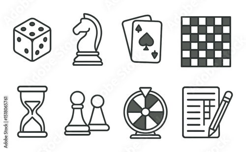 Board game set. dice, knight, cards, grid, hourglass, wheel, pencil flat vector icons.