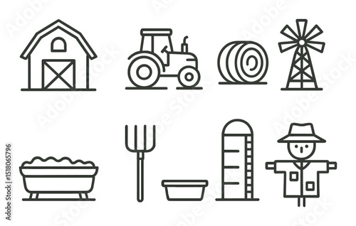 Farm equipment set. agriculture tools linear style. barn, tractor, windmill, silo vector icons.