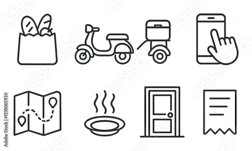 Delivery service icon set. online ordering flat icons. bike, map, mobile, door, receipt vector icons.