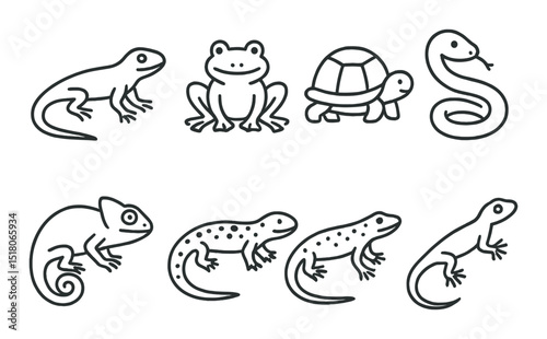 Reptile and amphibian icon set. linear snake, turtle, frog, lizard, chameleon vector icons.