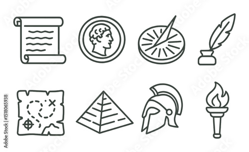 Historical icon set. ancient greece linear icons. scroll, coin, sundial, helmet, torch vector icons.