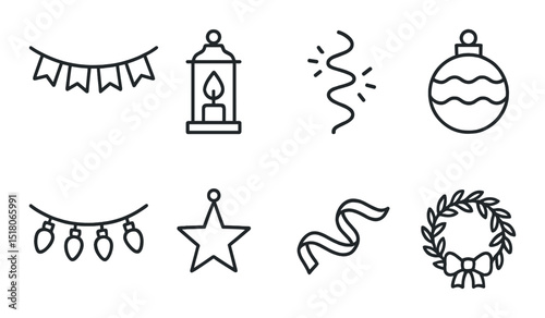 Holiday decoration set: linear ornaments, lantern, wreath, star, ribbon vector icons