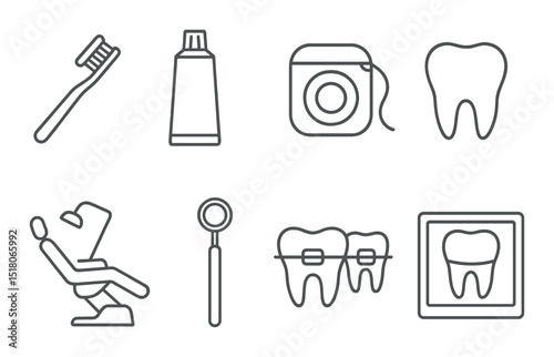 Dental hygiene set. dental care silhouette icons. toothbrush, floss, tooth, chair vector icons.