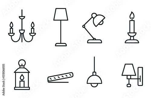 Lighting fixtures set. home decor linear chandelier, lamp, candle, lantern vector icons.