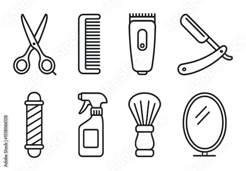 Barber tool set. grooming essentials silhouette scissors, comb, razor, spray vector icons.