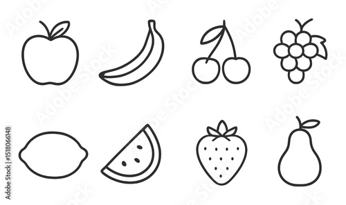 Fruit icon set. fresh produce linear icons: apple, banana, cherry, grape, lemon vector icons.