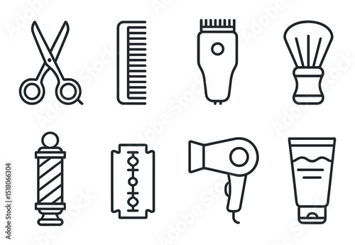 Barber tools set. hairdressing linear icons. scissors, comb, clipper, razor, dryer vector icons.