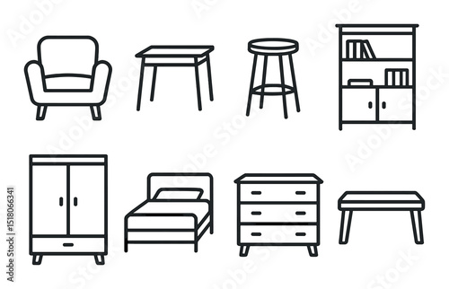 Furniture set. home decor silhouette furniture. chair, table, stool, shelf, bed vector icons.