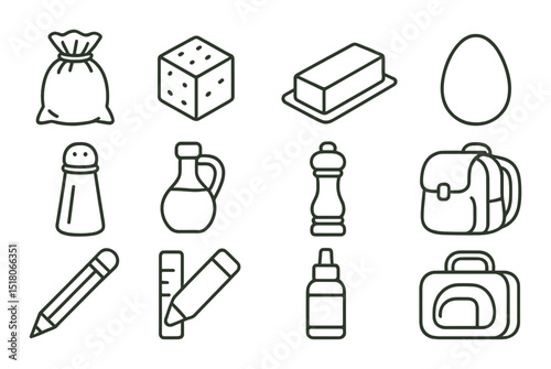 Food and school set. kitchen, bag, spice, egg, pencil, bottle, dice, bag, linear vector icons