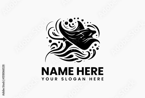 Graceful manta ray tribal vector logo with intricate dotwork and swirling ocean wave motifs  