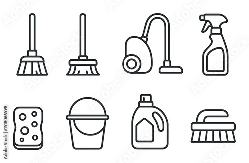 Cleaning tools set. household equipment linear icons. mop, vacuum, sponge, bucket, brush vector icons.
