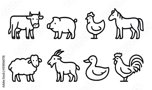 Farm animal icon set. linear cow, pig, chicken, horse, sheep, goat, duck, rooster vector icons.