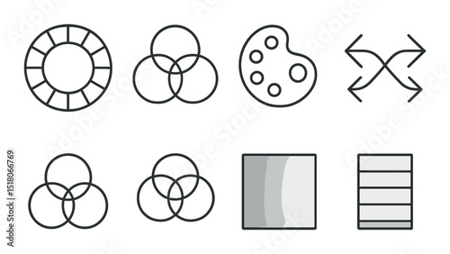 Color theory set. design elements silhouette. palette, mix, gradient, wheel, blend vector icons