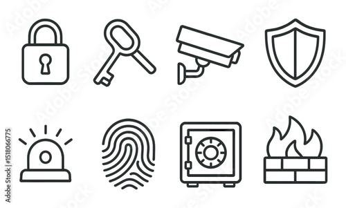 Security icon set. protection linear icons. lock, key, camera, shield vector icons.