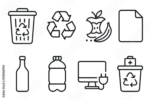 Recycling set. waste management linear bin, recycle, compost, bottle, e-waste vector icons.