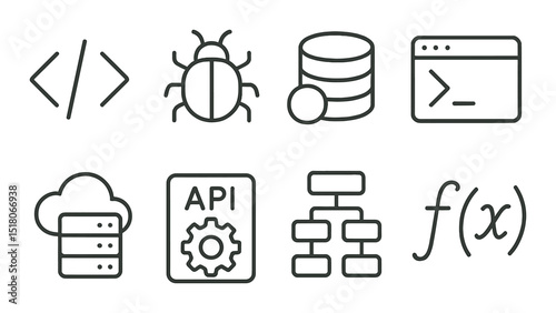 Programming set. coding, bug, database, api, cloud, algorithm linear vector icons