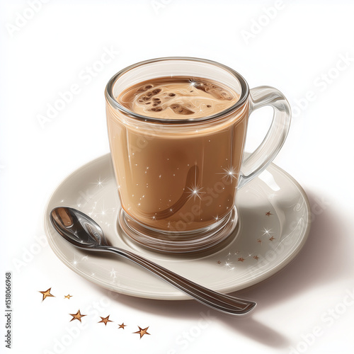 Hot Coffee In Clear Glass Cup With Cream On White Background