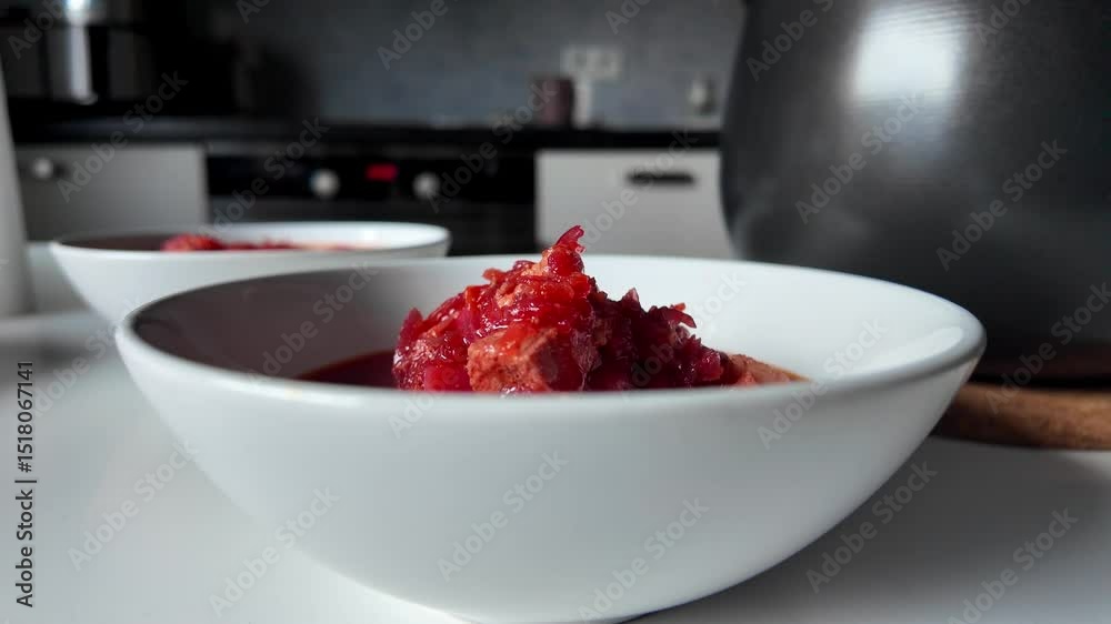 Ladle pouring vibrant red beetroot soup into a clean white bowl on a kitchen counter, showcasing a freshly prepared healthy homemade meal and traditional cuisine