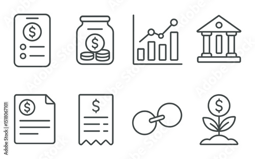 Finance and banking icon set. money, graph, bank, document, receipt, coin, growth linear vector icons.