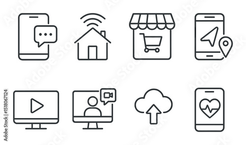 Communication technology icon set. flat smartphone, shopping, gps, cloud, video, home vector icons.