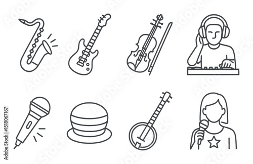 Music instrument set. linear guitar, violin, saxophone, dj, microphone, banjo vector icons.