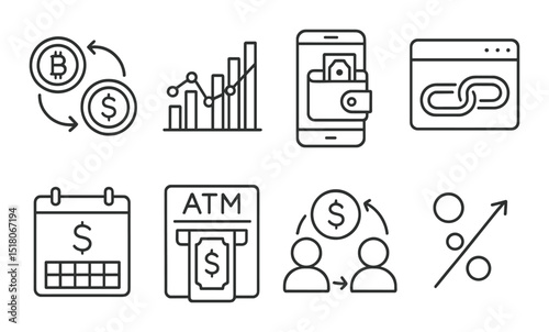 Cryptocurrency finance set. linear wallet, atm, graph, exchange, mobile, chart vector icons.