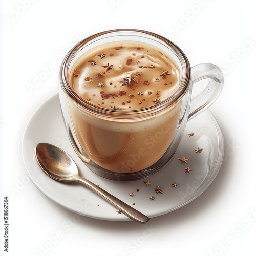 Hot Coffee In Clear Glass Cup With Cream On White Background