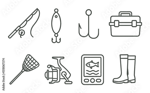 Fishing gear set. linear fishing rods, hooks, tackle, net, boots, reel vector icons.