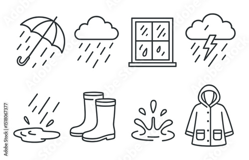 Weather rain set. umbrella, cloud, raincoat, boots, storm, linear vector icons.