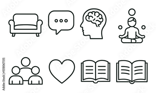 Living room set. modern flat sofa, chat, mind, meditation, group, heart, book vector icons.
