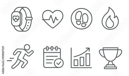 Fitness activity set. health, exercise, flat style. watch, heartbeat, steps, fire vector icons.