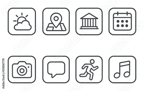 Basic icon set. daily activity linear icons: weather, map, building, calendar, camera, chat, run, music vector icons.